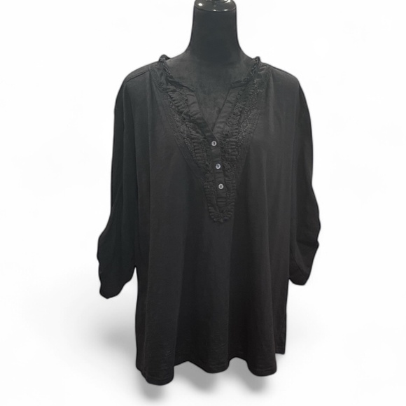 Bit & Bridle Black Roll Sleeve V-Neck Peasant Blouse 3X - Picture 1 of 7